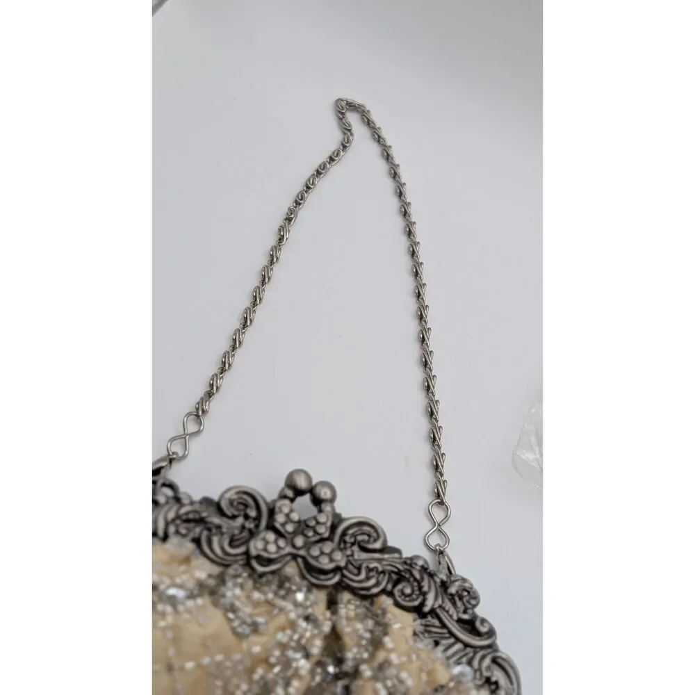 Vintage 1990s Beaded Evening Bag Champagne Satin Bridal Clutch by Carlo Fellini